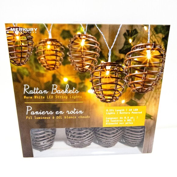 Rattan Basket LED String Lights / Battery Powered Warm White / 8.5ft Length NIB - Picture 1 of 4